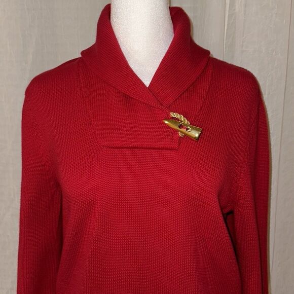 LRL PM Cotton Bright Red Gold Shawl Button Detail Neck Knit Pullover Sweater - Picture 3 of 16